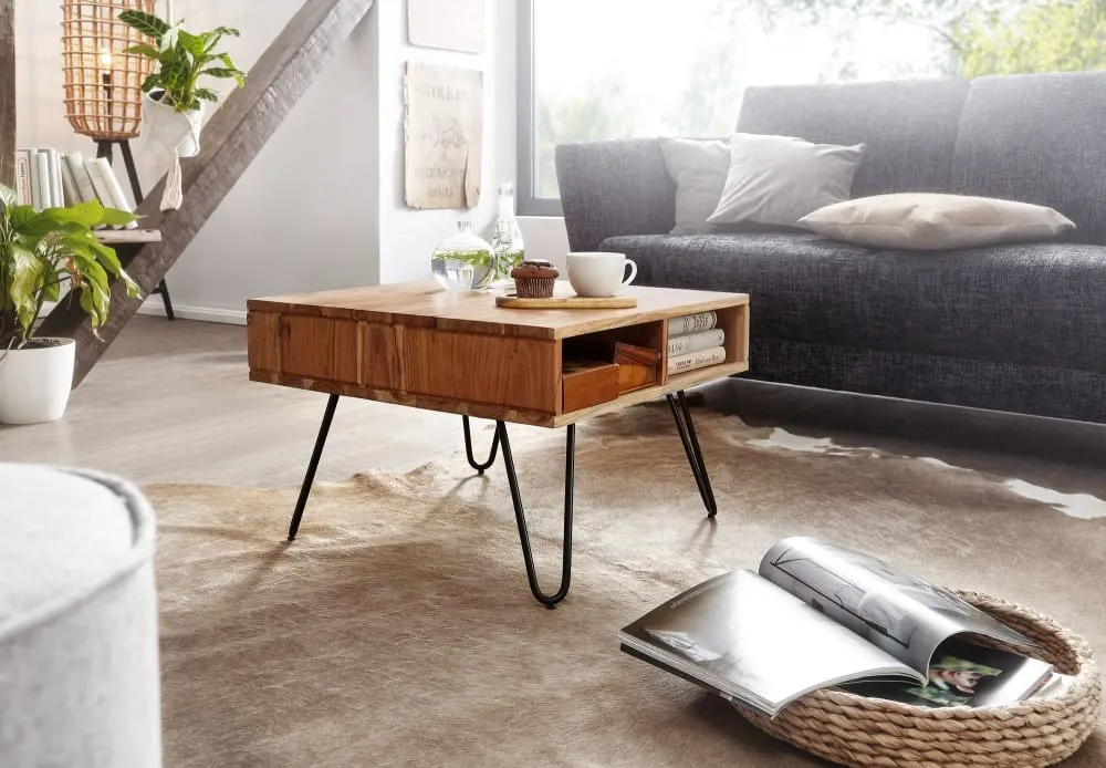 Illustration numéro 3 du produit Table basse carrée avec 2 tablettes en bois massif d'acacia, marron