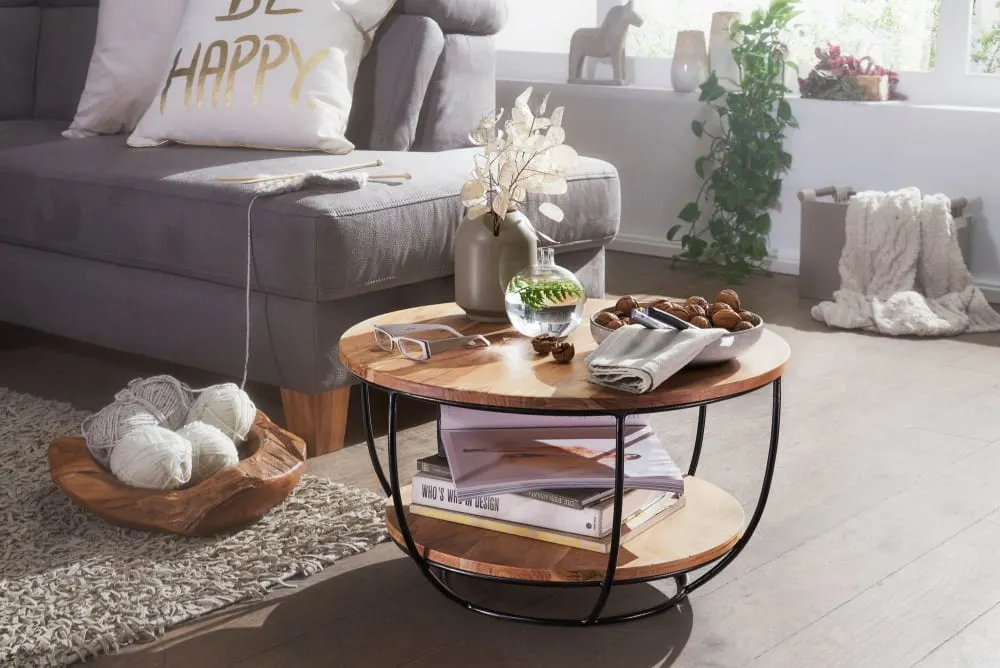 Illustration numéro 3 du produit Table basse ronde avec tablette en bois massif d'acacia, marron
