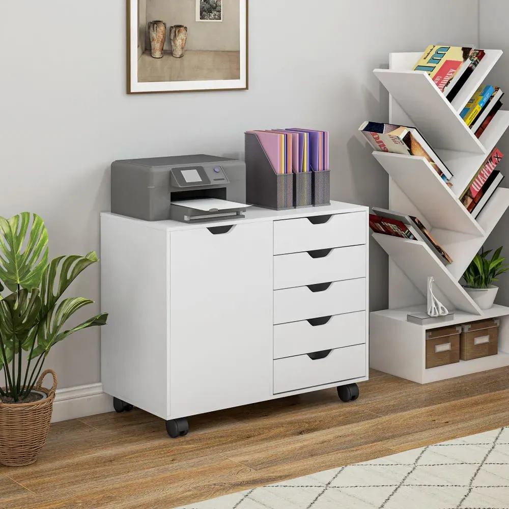 Illustration numéro 3 du produit Caisson de bureau support d'imprimante 5 tiroirs porte étagère blanc