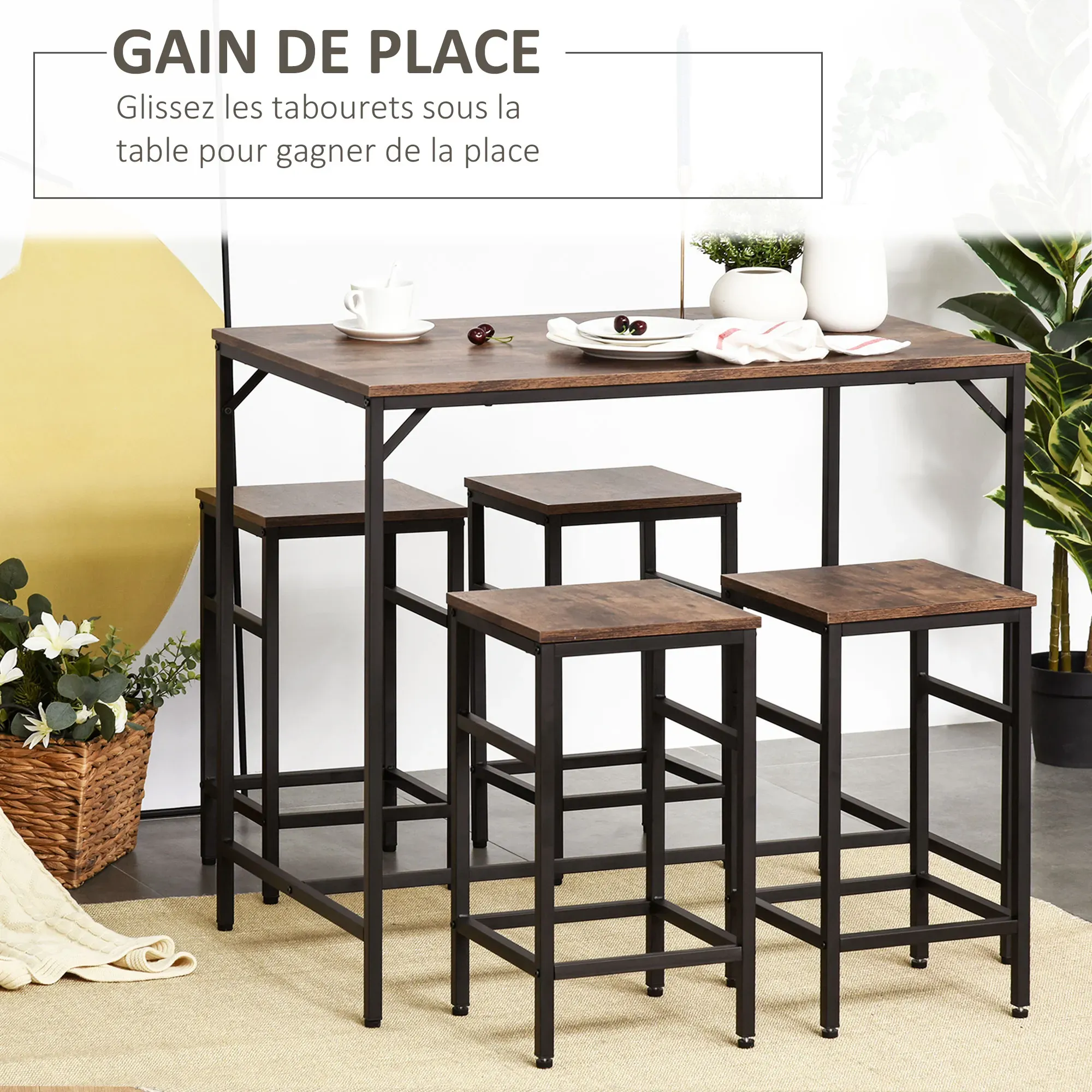 Illustration numéro 3 du produit Ensemble table de bar design industriel + 4 tabourets