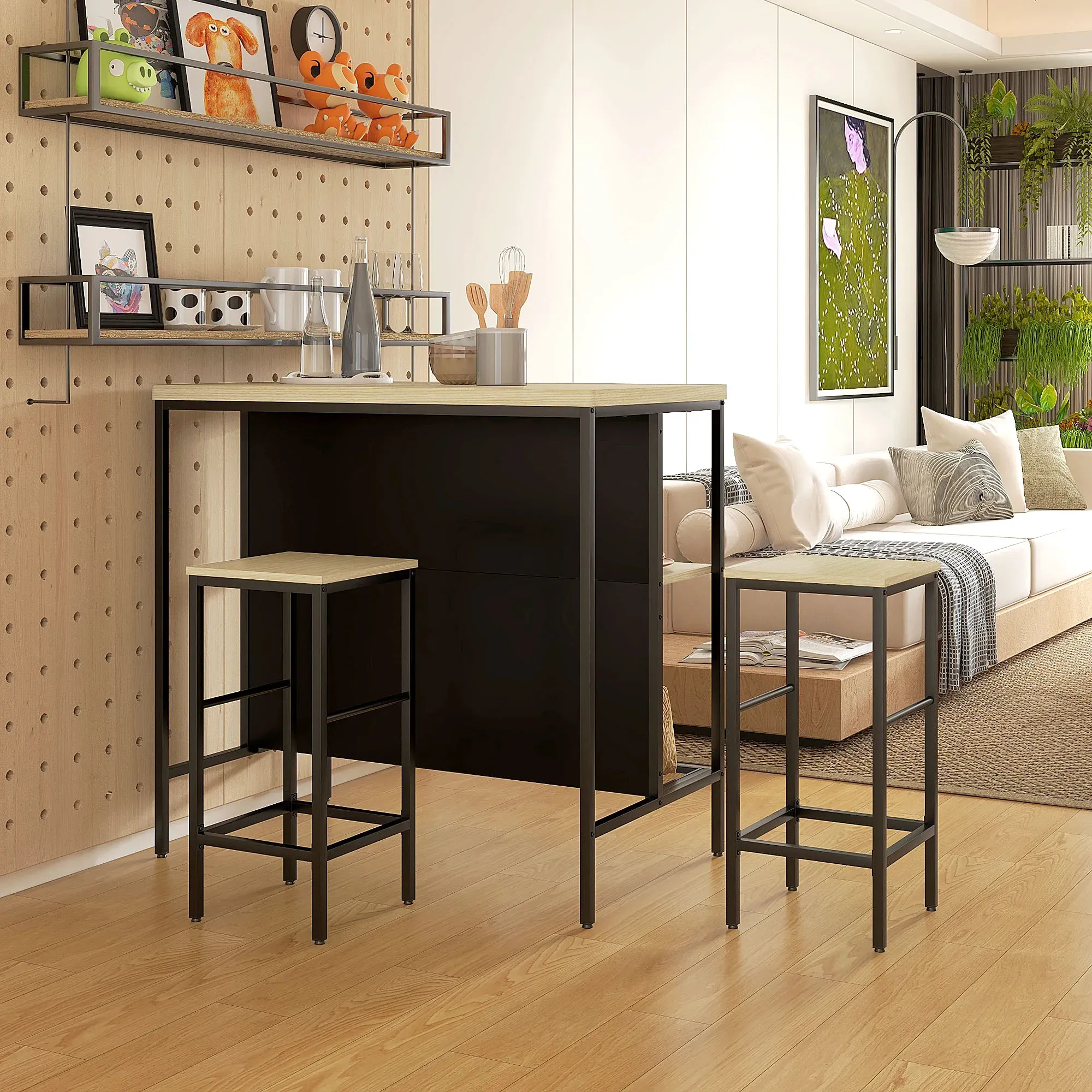 Illustration numéro 3 du produit Ensemble table de bar 2 tabourets style industriel - 2 étagères