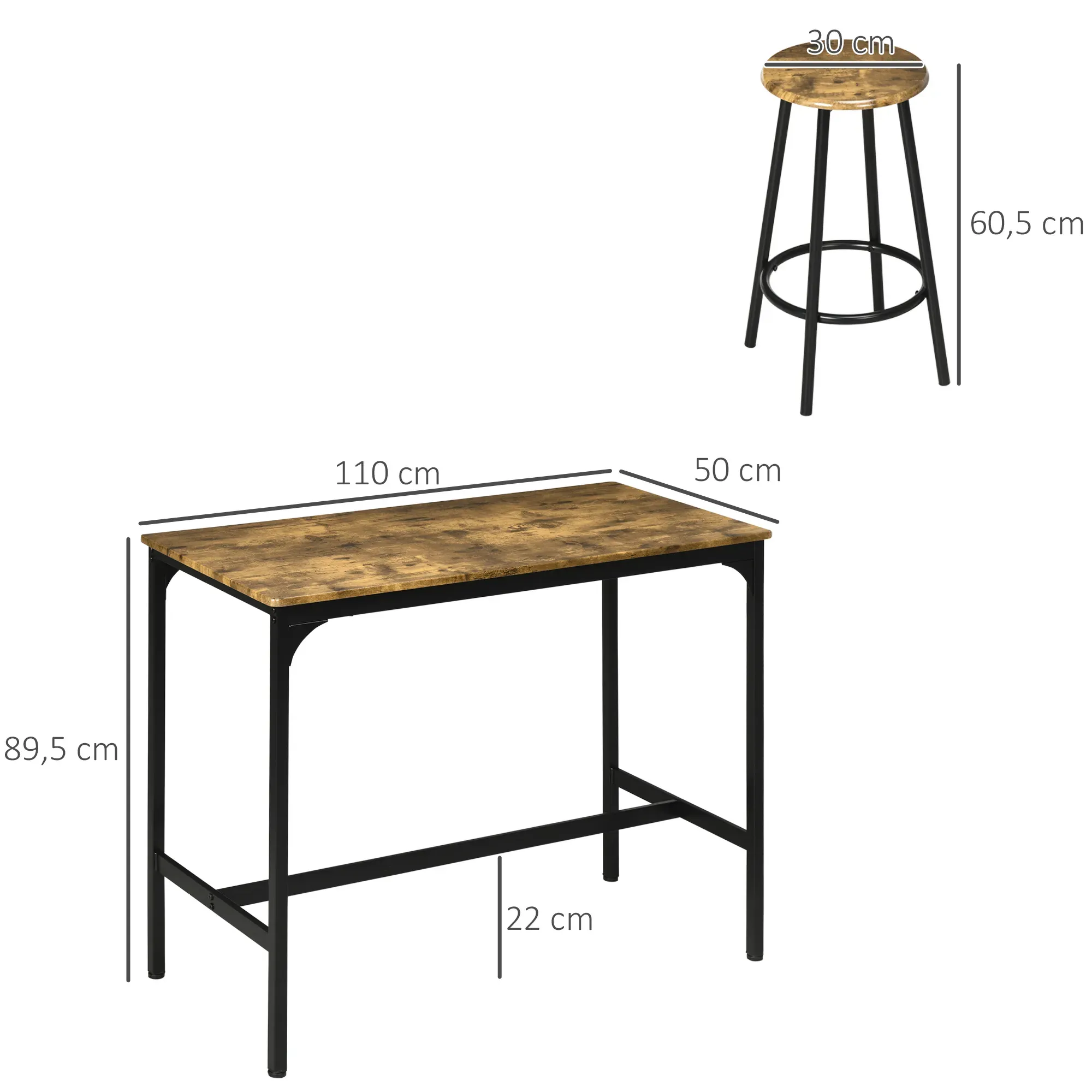 Illustration numéro 3 du produit Ensemble table de bar 4 tabourets industriel métal noir aspect bois