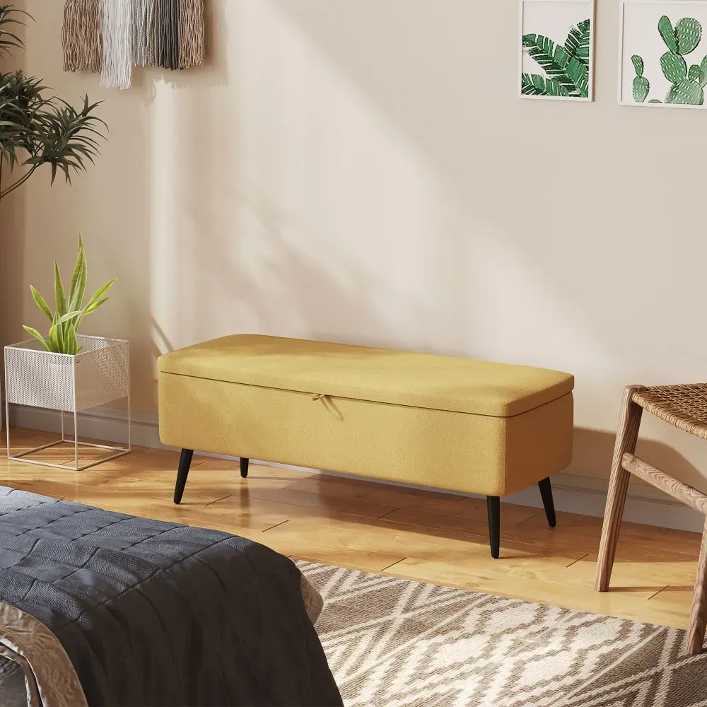 Illustration numéro 3 du produit Banc coffre de rangement 2 en 1 piètement acier noir tissu moutarde