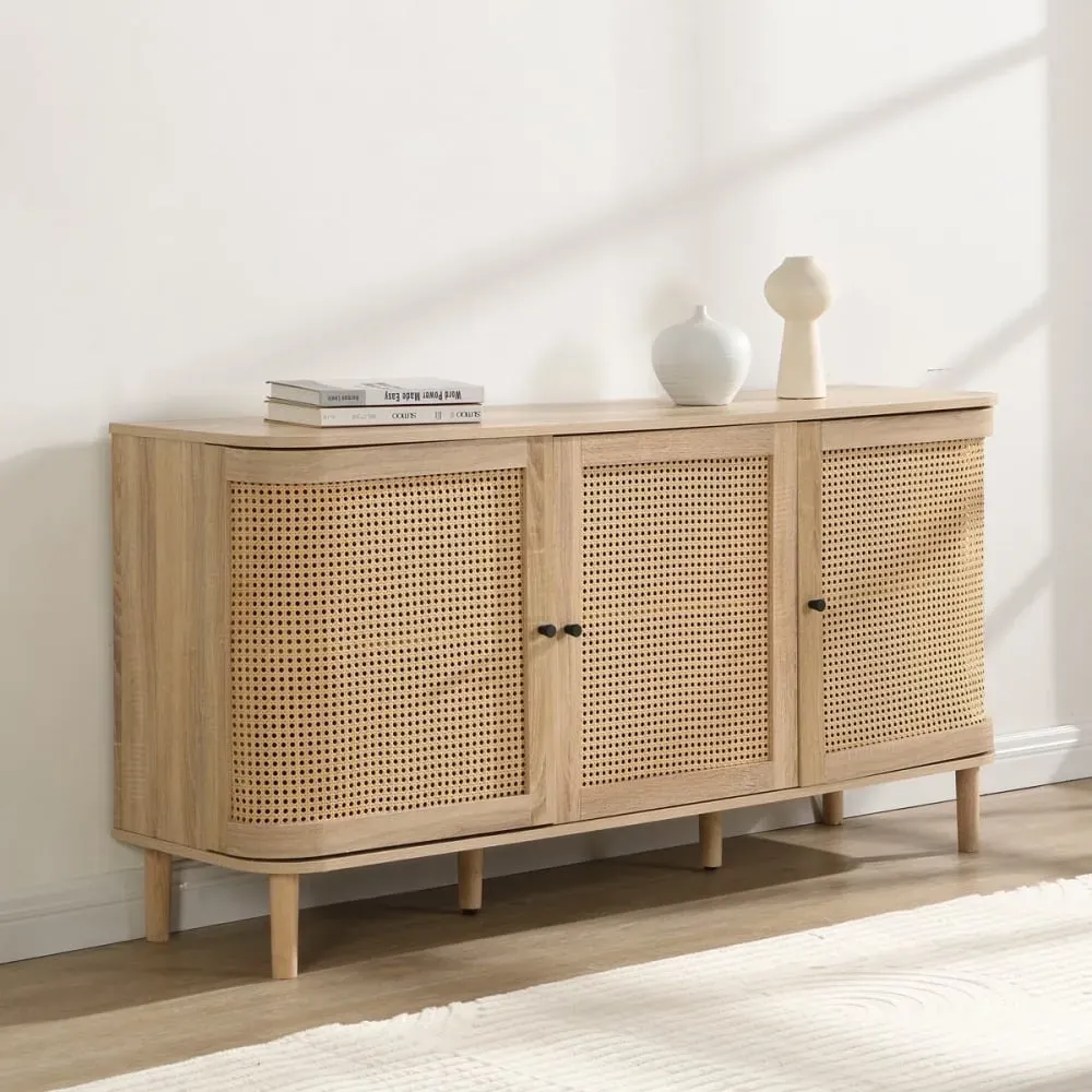 Illustration numéro 3 du produit Buffet 3 portes couleur chêne et cannage 150 cm