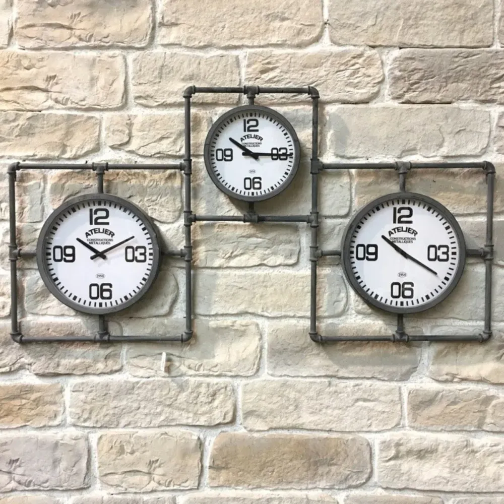 Illustration numéro 3 du produit 3 grandes horloges murales décoratives vintage salon métal gris 160cm