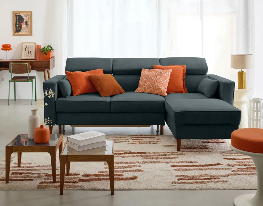 Illustration numéro 3 du produit Canapé d'angle réversible convertible 4 places en tissu texturé bleu