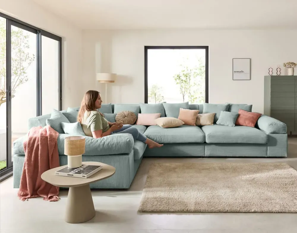 Illustration numéro 3 du produit Canapé d'angle réversible 5 places en velours côtelé bleu