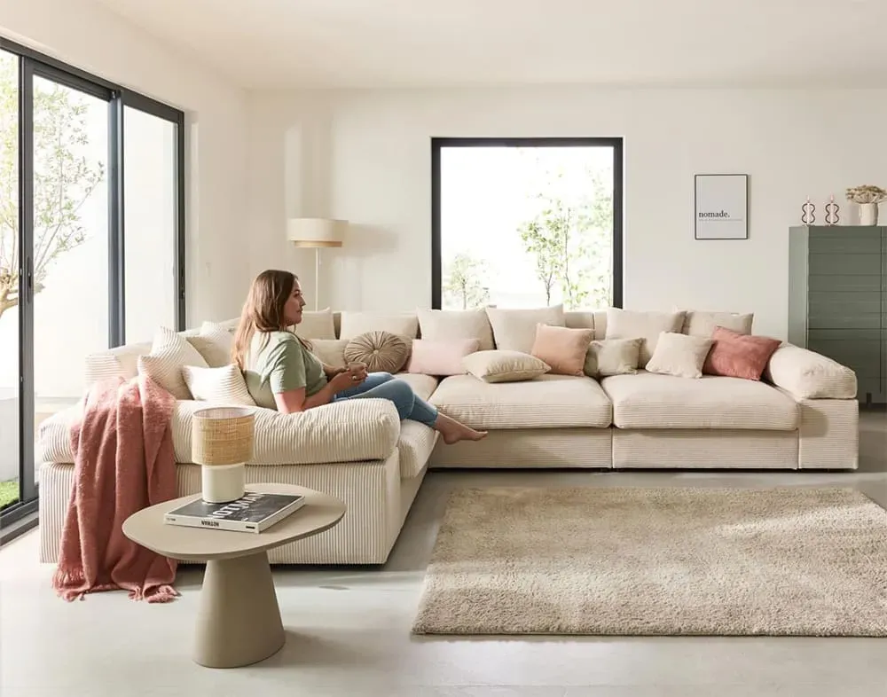 Illustration numéro 3 du produit Canapé d'angle réversible 5 places en velours côtelé beige