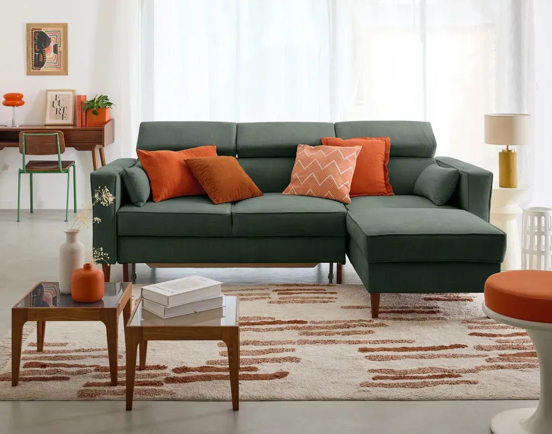 Illustration numéro 3 du produit Canapé d'angle réversible convertible 4 places en tissu texturé vert