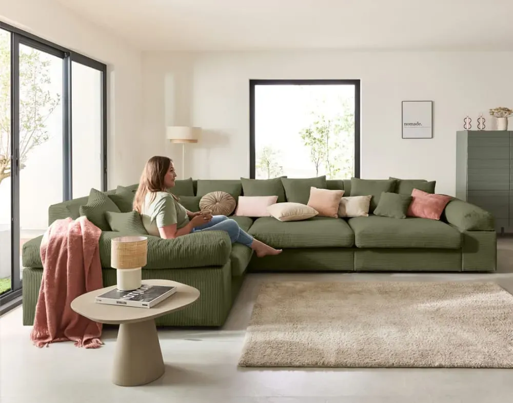 Illustration numéro 3 du produit Canapé d'angle réversible 5 places en velours côtelé vert