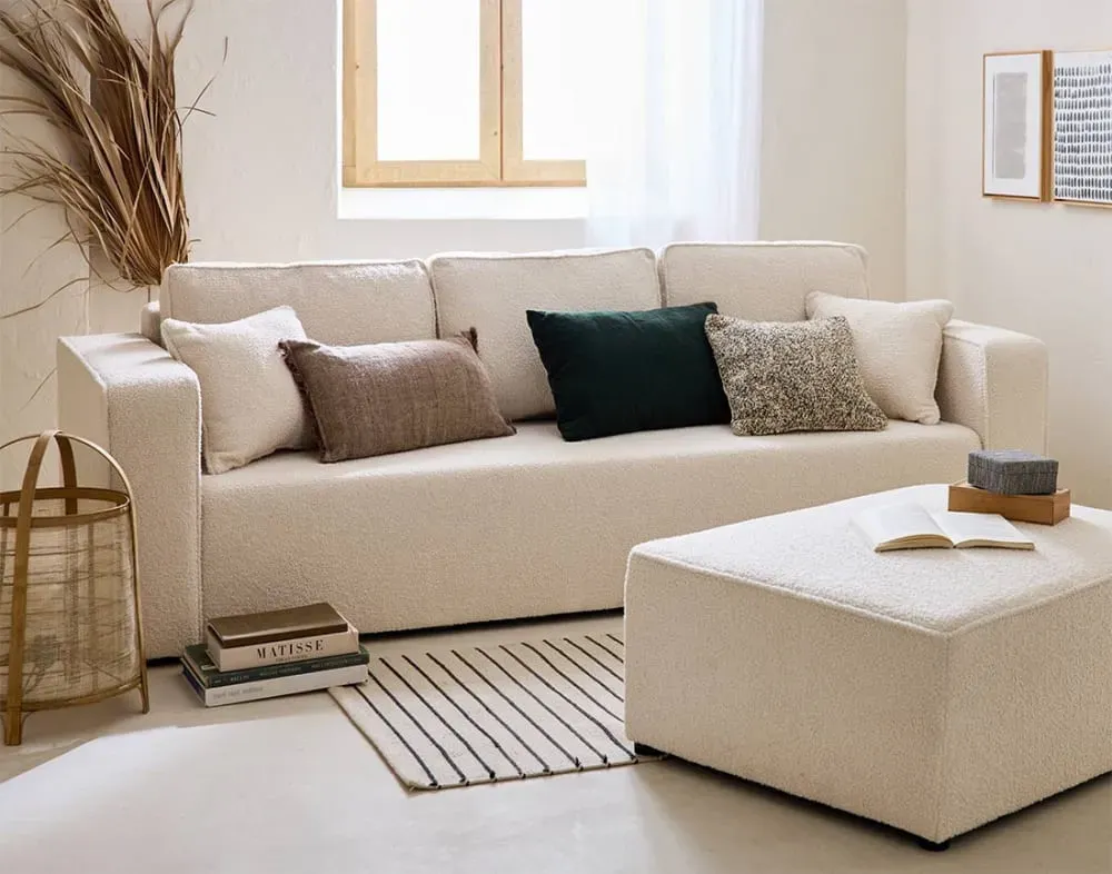 Illustration numéro 3 du produit Canapé droit convertible 3 places en tissu bouclette beige