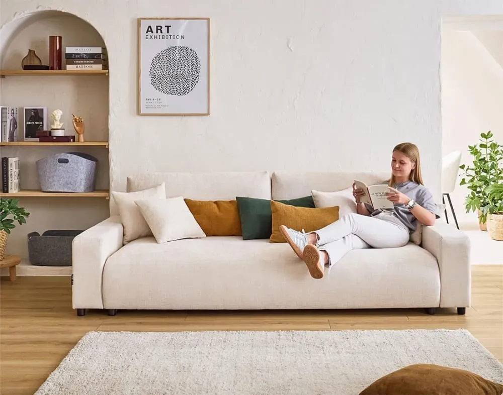 Illustration numéro 3 du produit Canapé droit convertible 3 places en velours texturé beige