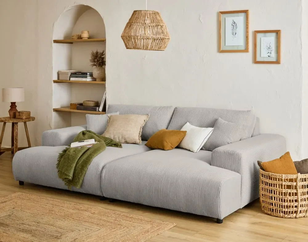 Illustration numéro 3 du produit Canapé droit 4 places en velours côtelé gris clair