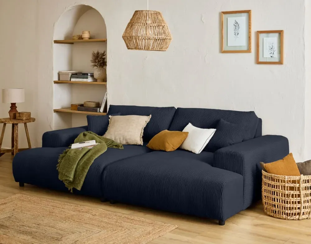 Illustration numéro 3 du produit Canapé droit 4 places en velours côtelé bleu nuit
