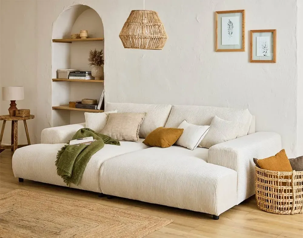 Illustration numéro 3 du produit Canapé droit 4 places en velours côtelé beige