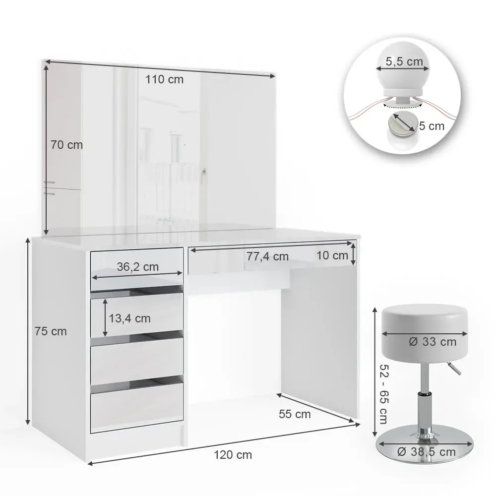 Illustration numéro 3 du produit Coiffeuse avec éclairage LED et tabouret, Blanc 120 x 75cm