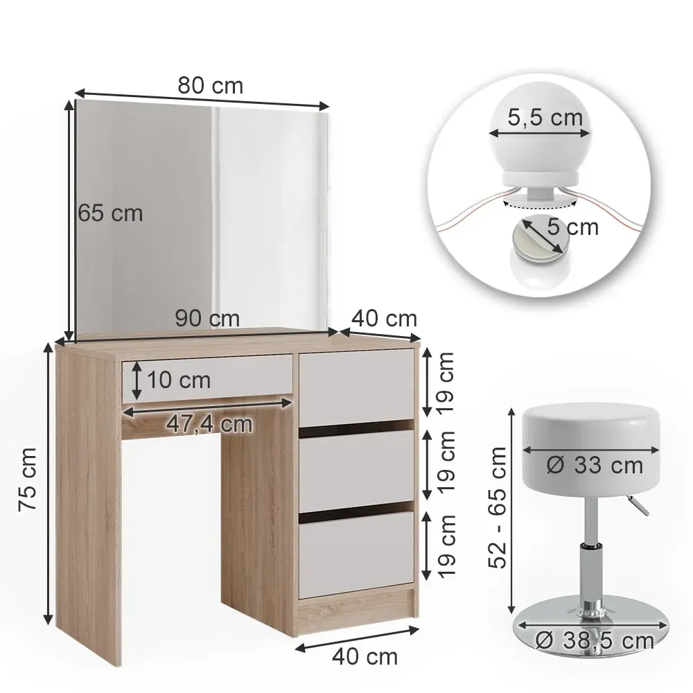 Illustration numéro 3 du produit Coiffeuse avec éclairage LED et tabouret, Sonoma 90 x 75cm