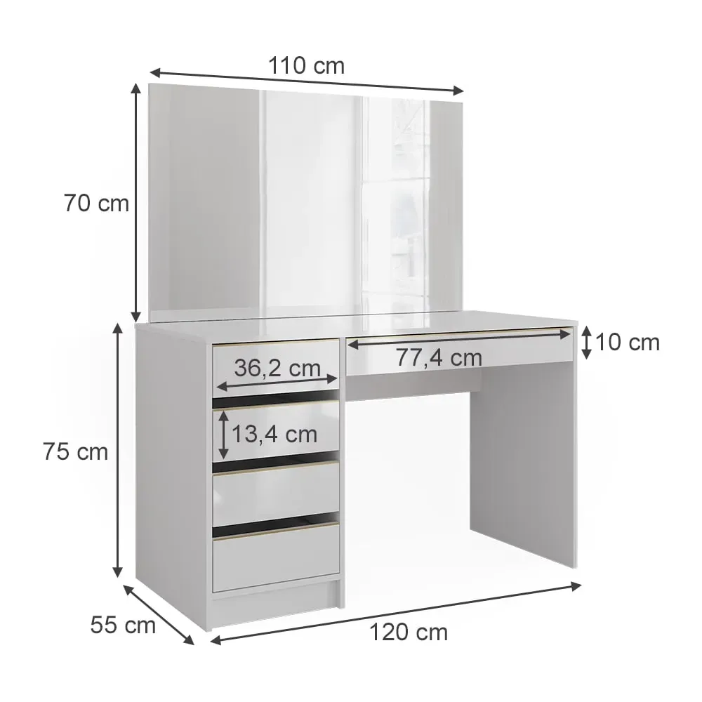 Illustration numéro 3 du produit Coiffeuse avec miroir, Blanc/doré 120 x 75cm