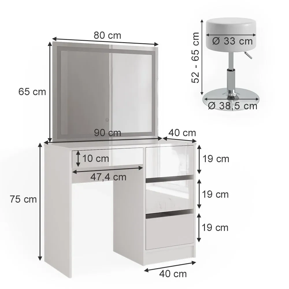 Illustration numéro 3 du produit Coiffeuse avec miroir LED et tabouret, Blanc 90 x 75cm