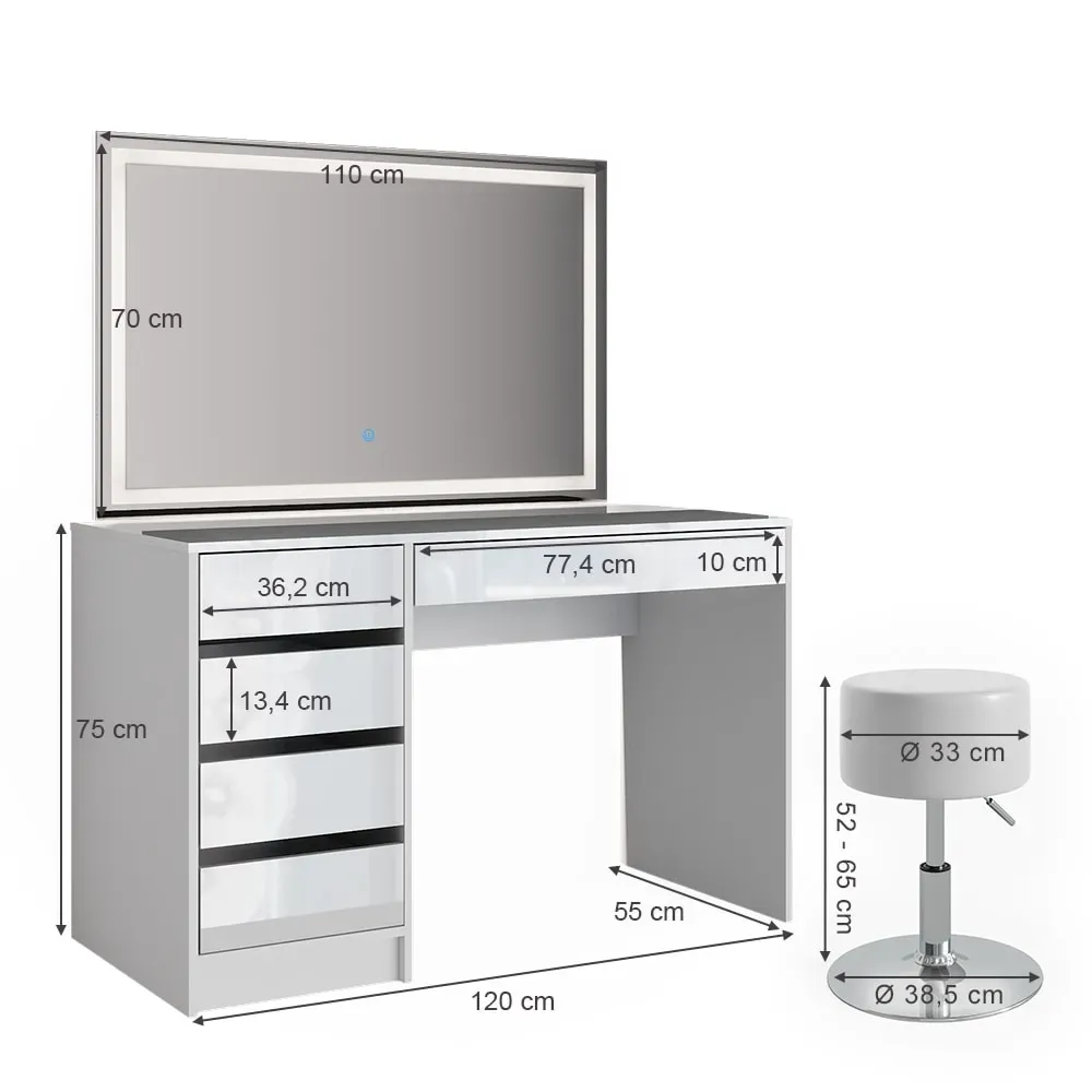 Illustration numéro 3 du produit Coiffeuse, blanche 120 x 75cm avec miroir LED et tabouret