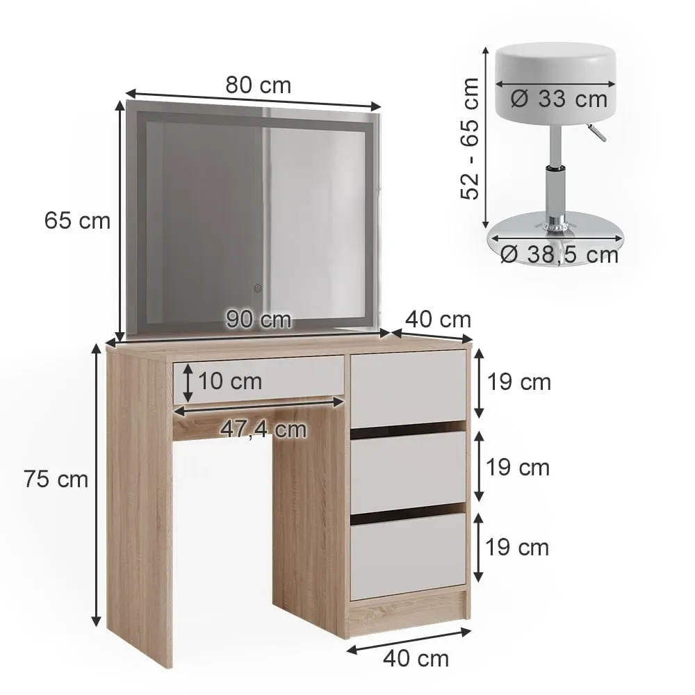 Illustration numéro 3 du produit Coiffeuse avec miroir LED et tabouret, Sonoma 90 x 75cm
