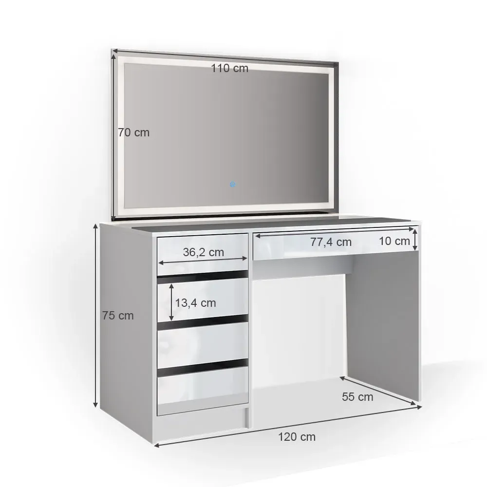 Illustration numéro 3 du produit Coiffeuse, blanche 120 x 75cm avec éclairage LED