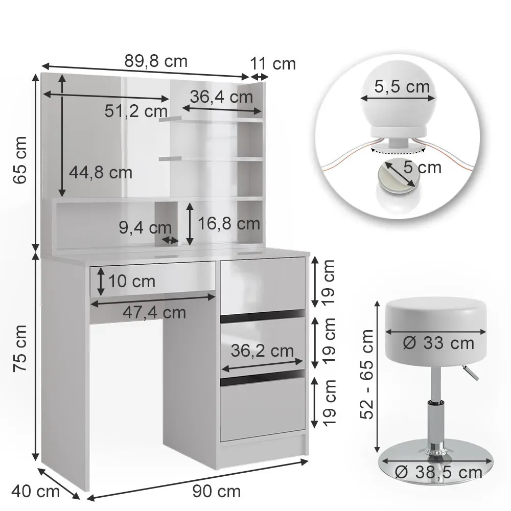Illustration numéro 3 du produit Coiffeuse avec éclairage LED tabouret et étagère miroir Blanc 40x75cm