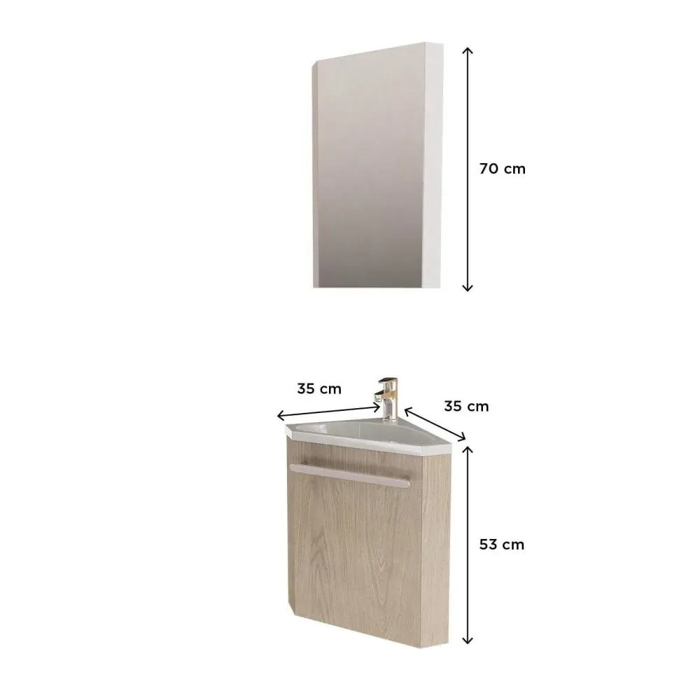 Illustration numéro 3 du produit Ensemble lave-mains d'angle en chêne + vasque + robinet + miroir