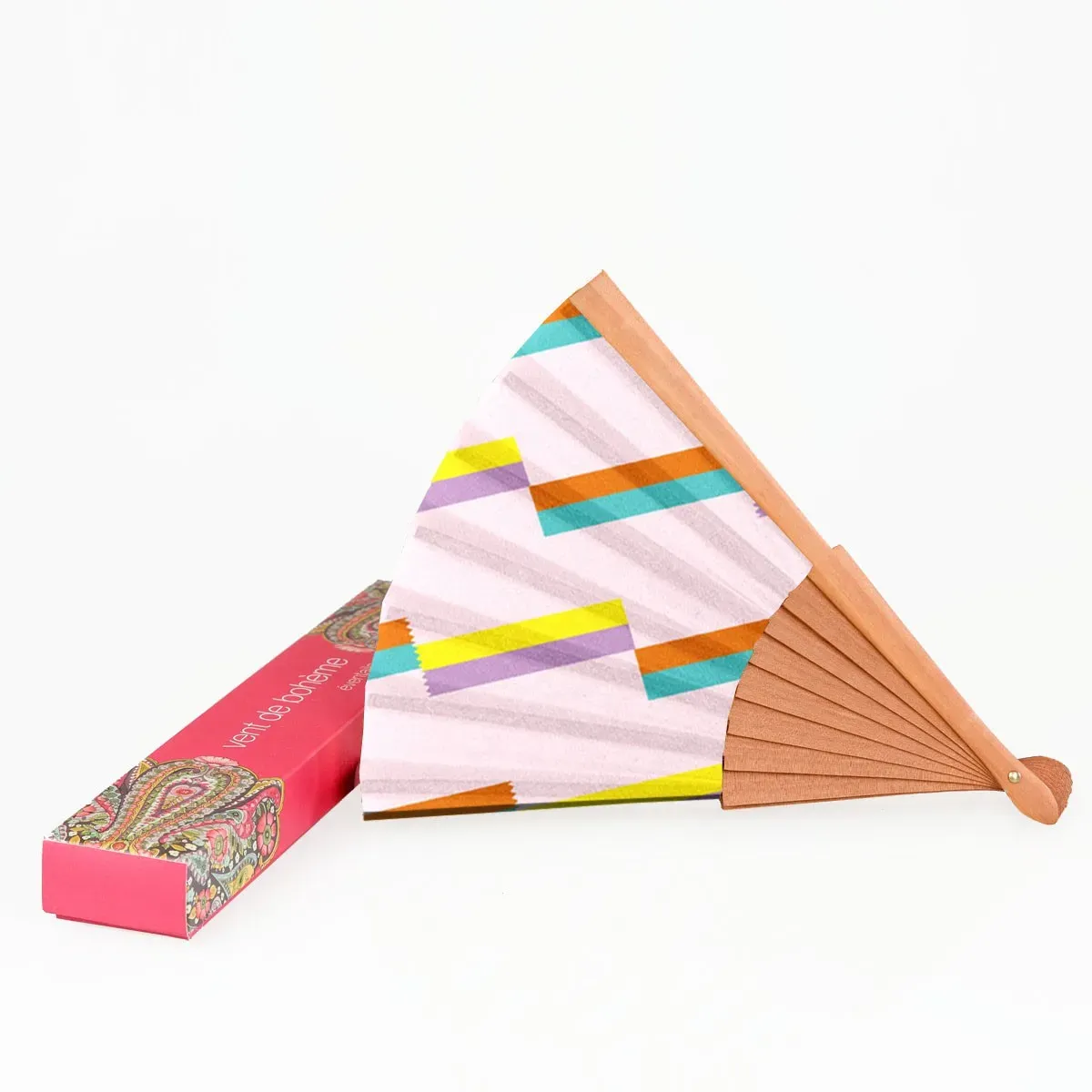 Illustration numéro 3 du produit Eventail bois de merisier motif géométrique rose