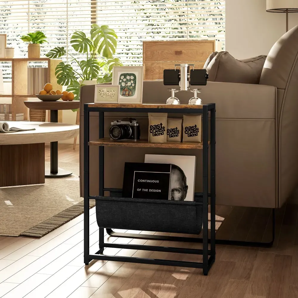 Illustration numéro 3 du produit Bout de canapé - étagère, porte-revues - acier noir effet bois vieilli