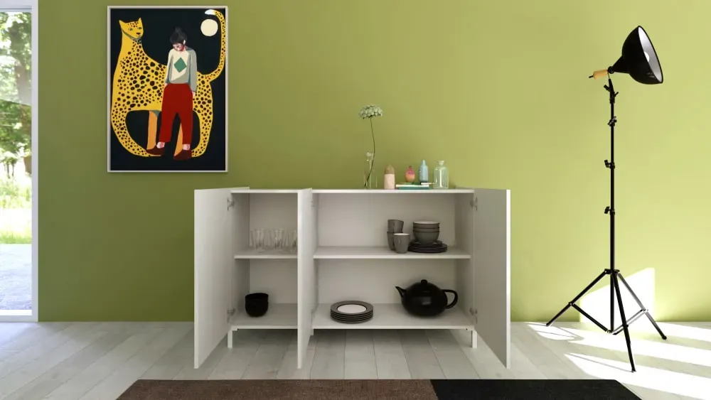 Illustration numéro 3 du produit Buffet bas 3 portes 130x40x84 cm effet bois blanc brillant