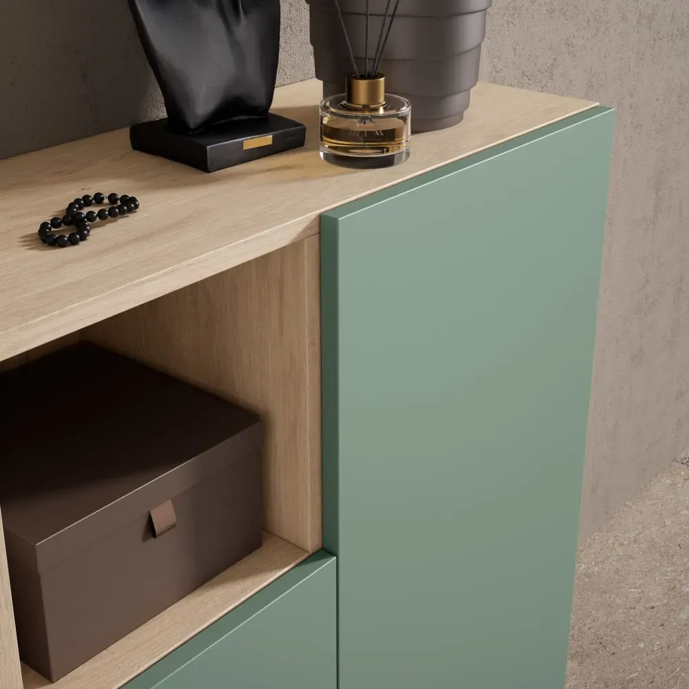 Illustration numéro 3 du produit Meuble à chaussures en mélamine chêne clair portes vertes 87x90x27 cm