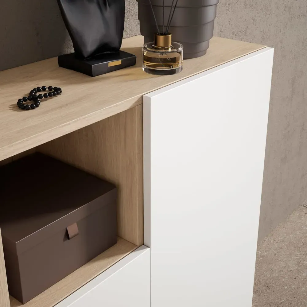 Illustration numéro 3 du produit Meuble à chaussures, mélamine chêne clair portes blanches 87x90x27