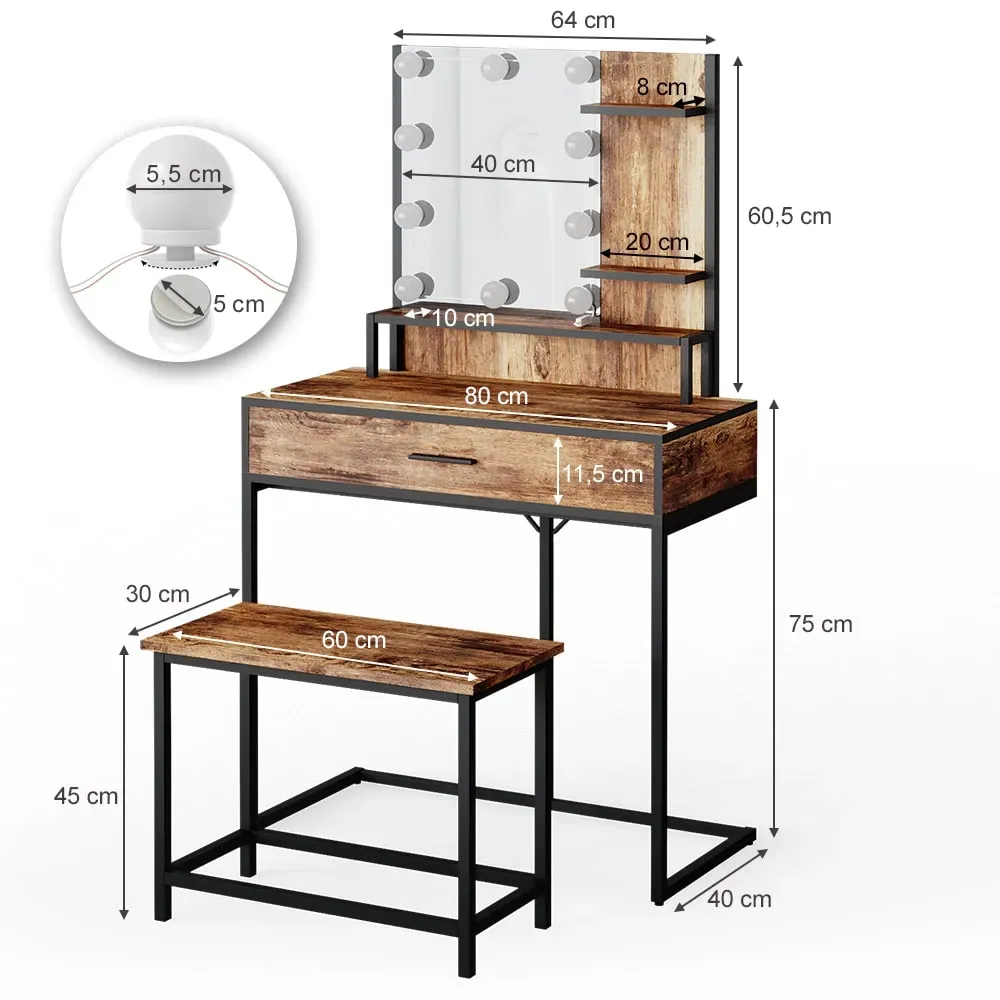 Illustration numéro 3 du produit Coiffeuse avec éclairage LED et chaise, Bois antique 80 x 135.5cm