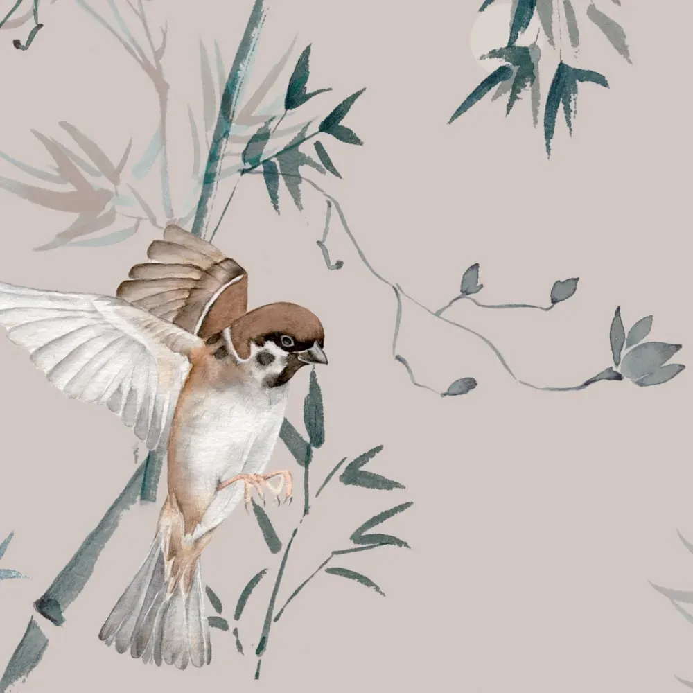 Illustration numéro 3 du produit Papier peint panoramique moineaux du japon gris clair 375x250cm