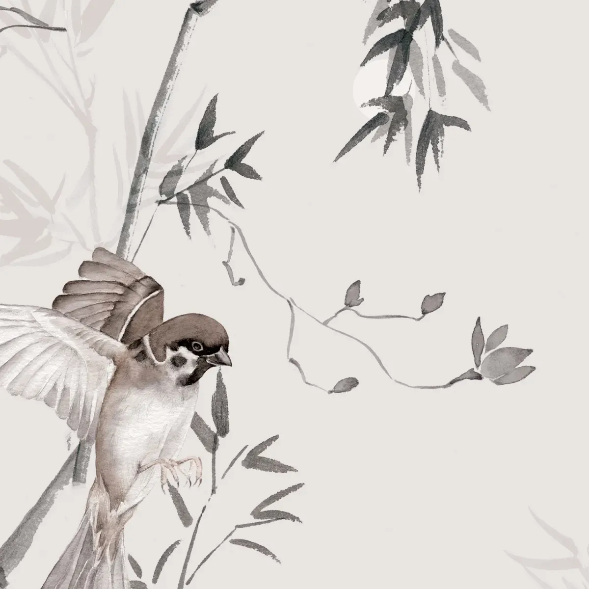 Illustration numéro 3 du produit Papier peint panoramique moineaux du japon beige 225x250cm