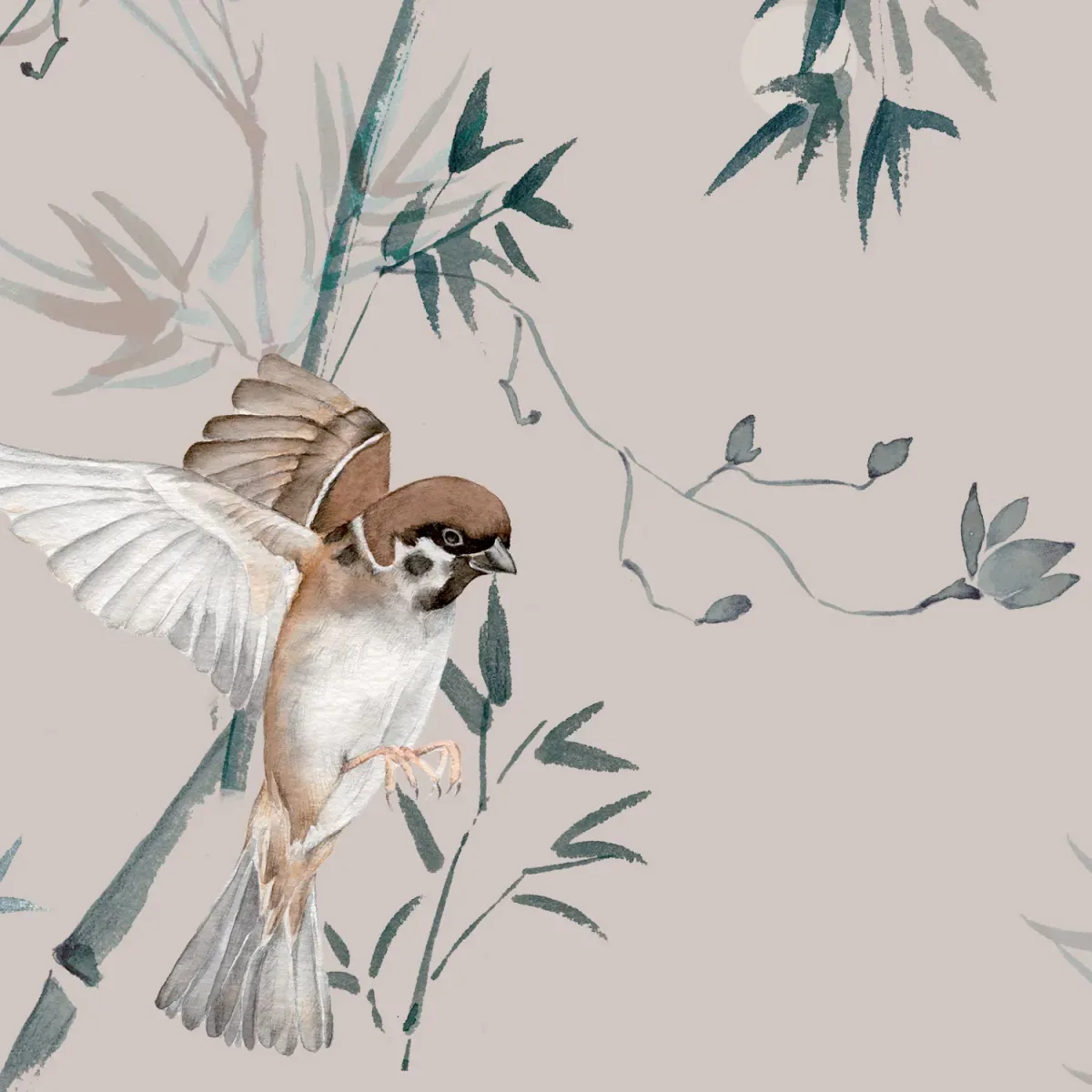 Illustration numéro 3 du produit Papier peint panoramique moineaux du japon gris clair 300x250cm