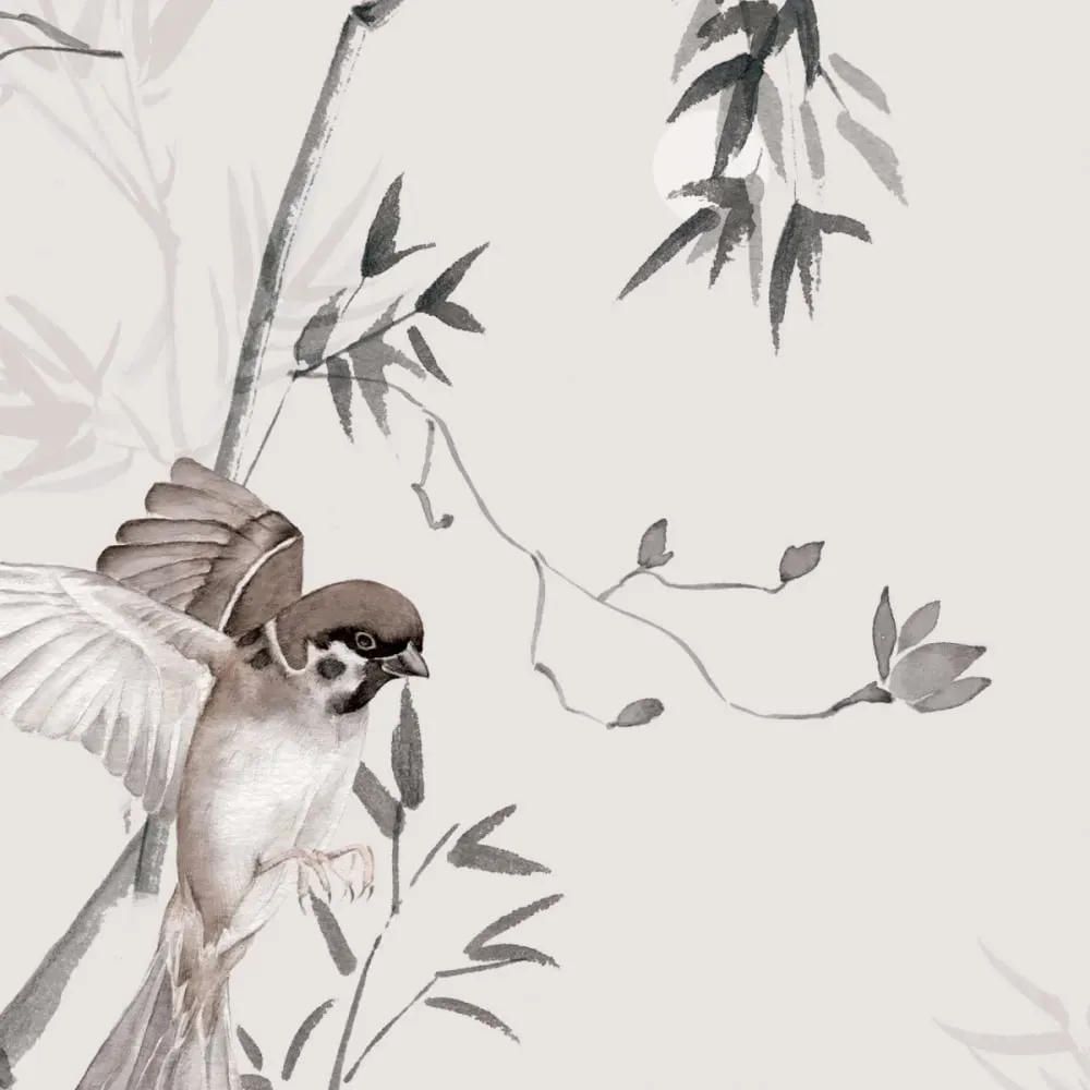 Illustration numéro 3 du produit Papier peint panoramique moineaux du japon beige 375x250cm