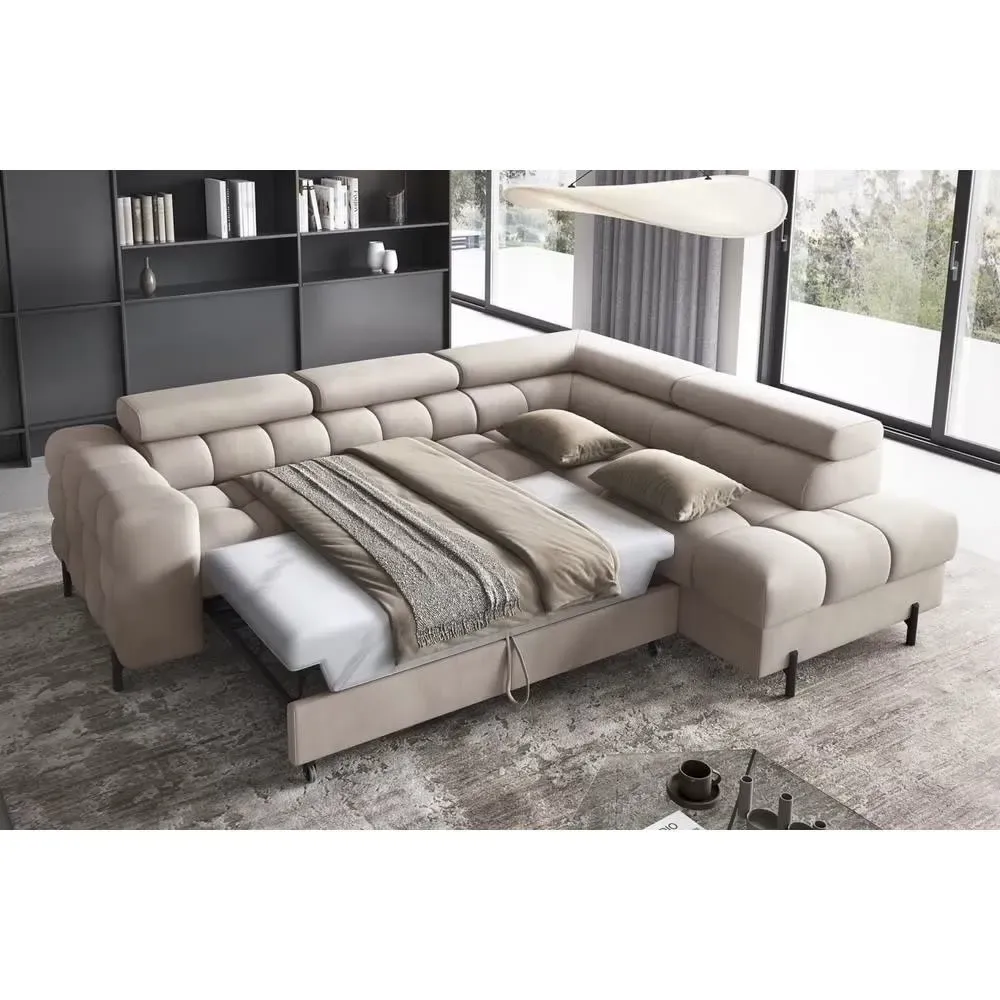 Illustration numéro 3 du produit Canapé d'angle droit convertible en velours beige 5 places