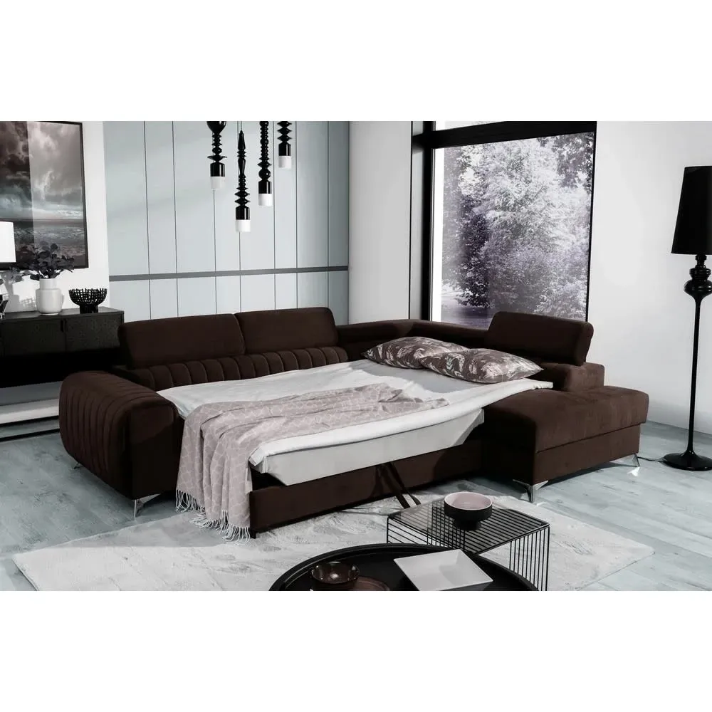 Illustration numéro 3 du produit Canapé angle droit convertible velours marron 5 places