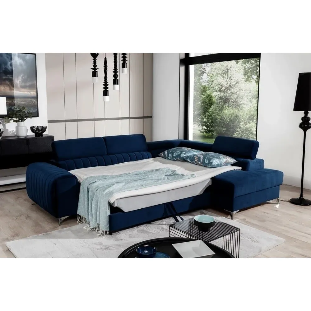 Illustration numéro 3 du produit Canapé angle droit convertible velours bleu 5 places