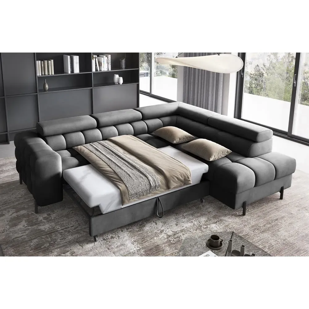 Illustration numéro 3 du produit Canapé d'angle droit convertible velours anthracite 5 places