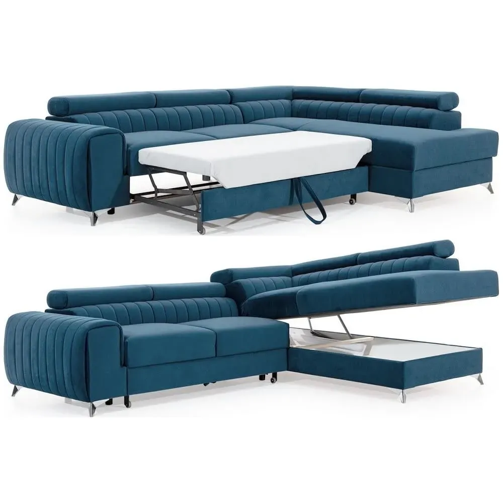 Illustration numéro 3 du produit Canapé d'angle droit convertible en velours beige 5 places