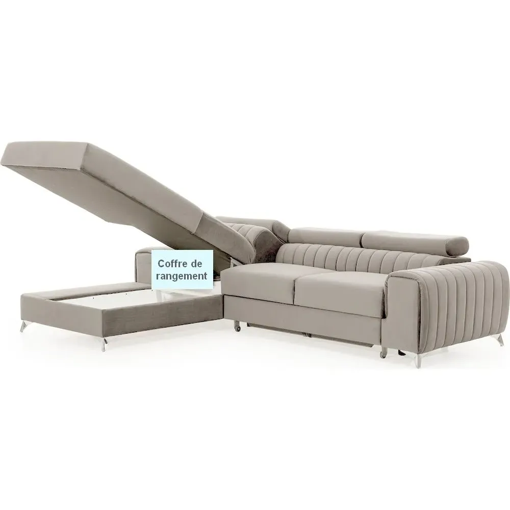 Illustration numéro 3 du produit Canapé d'angle gauche convertible  velours beige 5 places