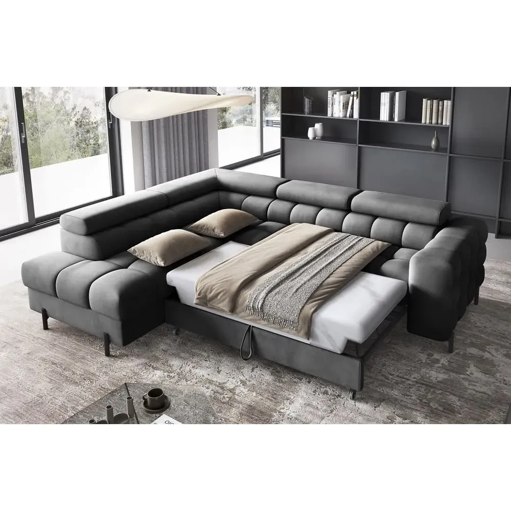 Illustration numéro 3 du produit Canapé angle gauche convertible velours anthracite 5 places