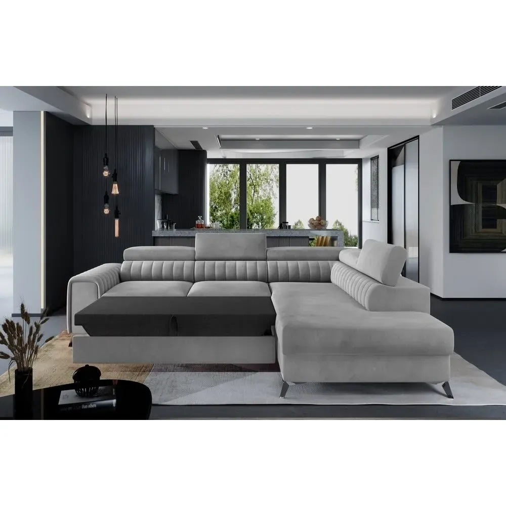 Illustration numéro 3 du produit Canapé d'angle droit convertible en velours gris 5 places