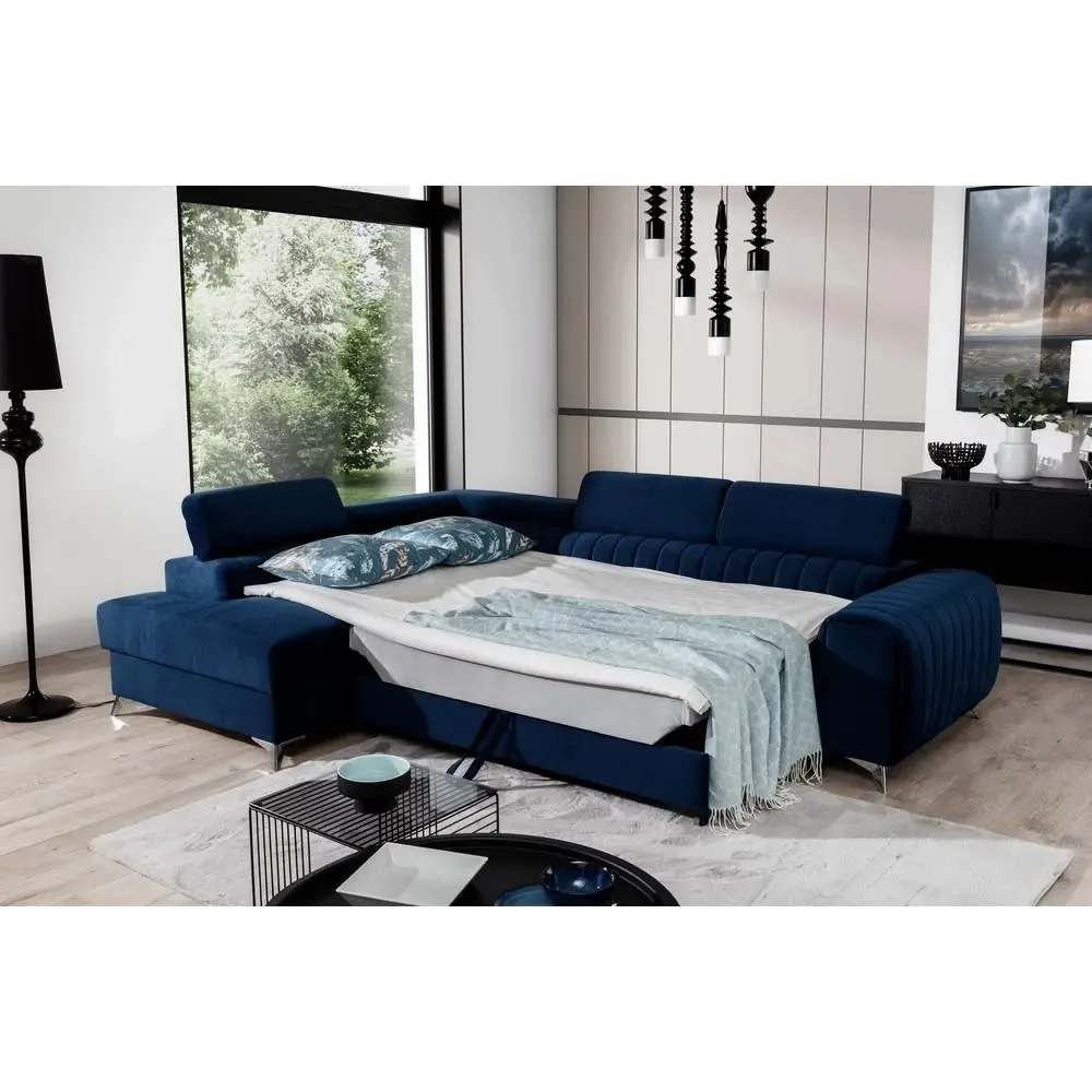 Illustration numéro 3 du produit Canapé angle gauche convertible velours bleu 5 places