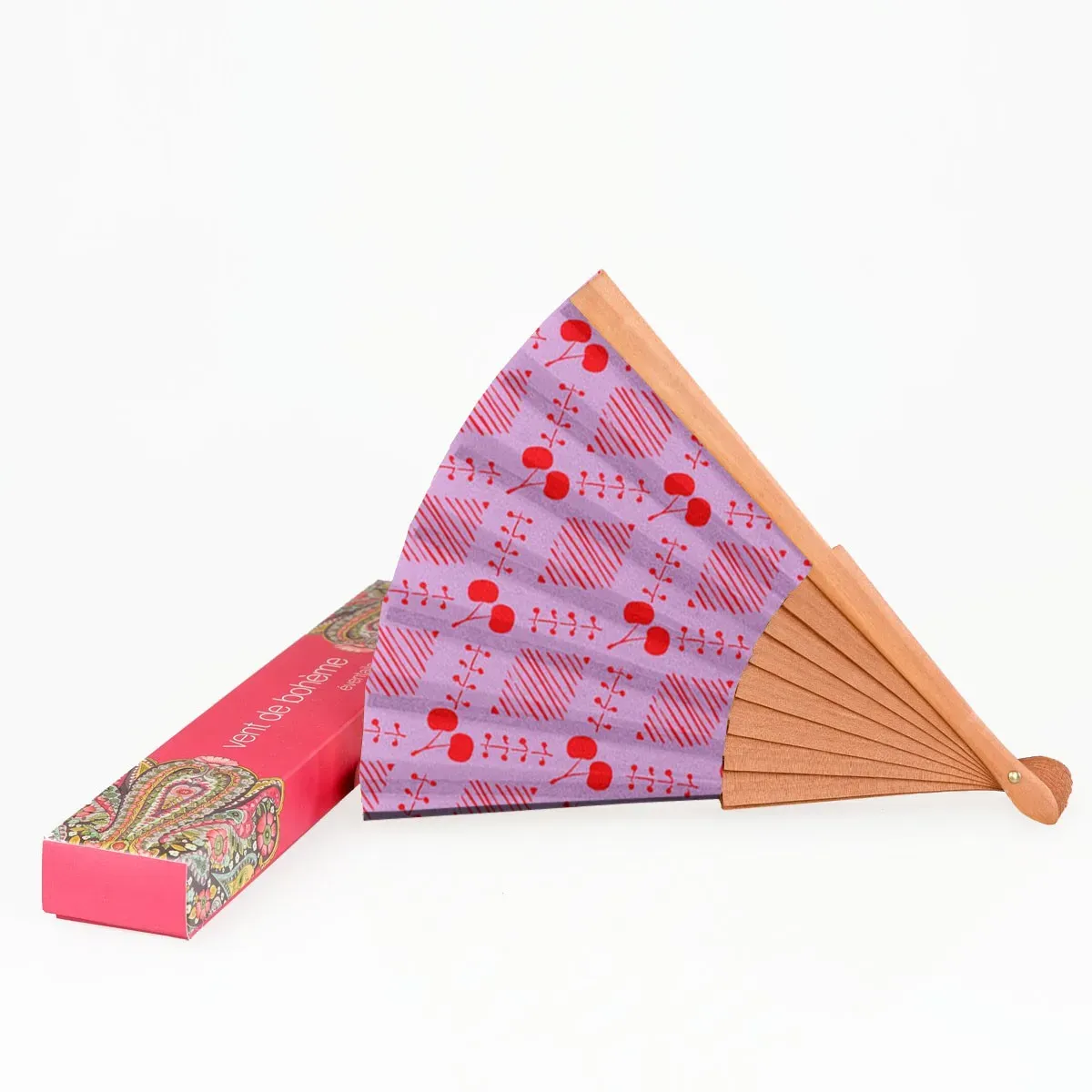 Illustration numéro 3 du produit Eventail bois de merisier motif cerises rouge