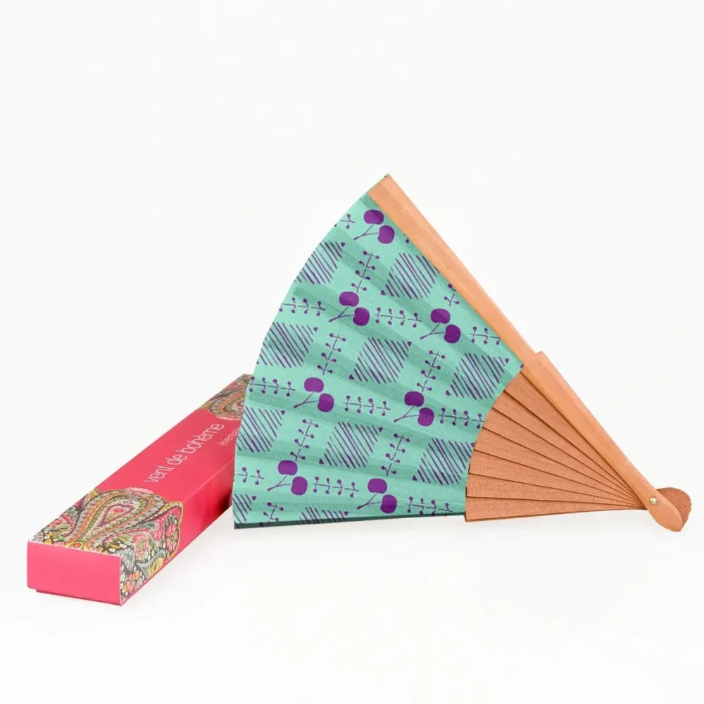 Illustration numéro 3 du produit Eventail bois de merisier motif cerises mauve
