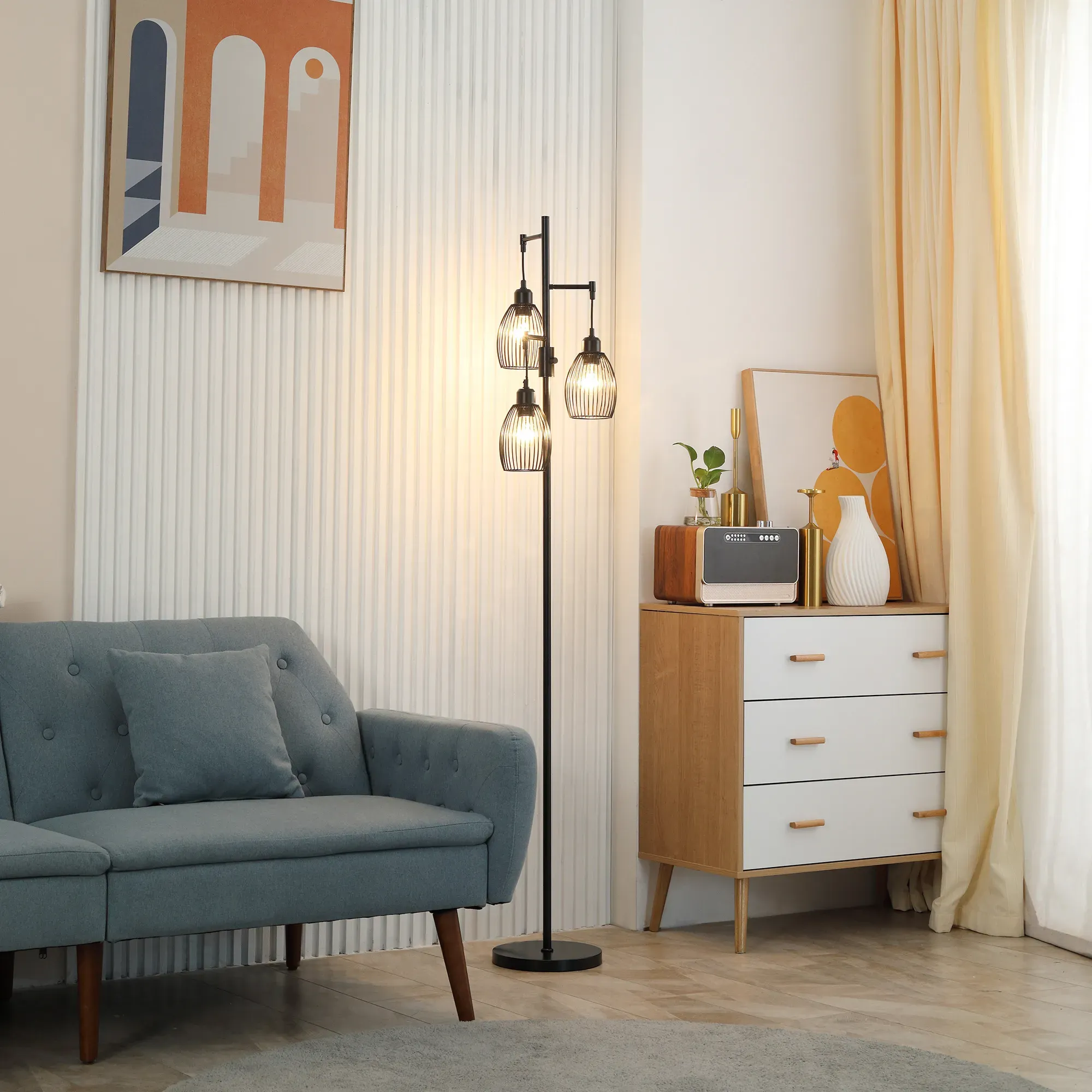 Illustration numéro 3 du produit Lampadaire industriel grillagé arqué H154 cm métal noir rotin